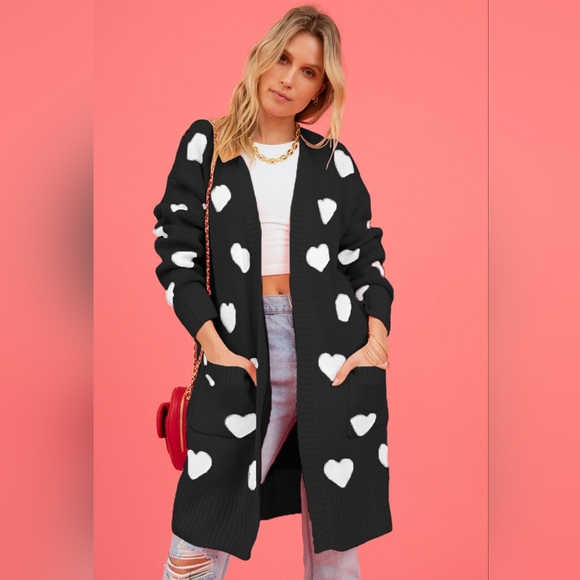 Contrasting Heart Knit Open Front Longline Pocket Sweater Cardigan Valentine - Picture 6 of 9